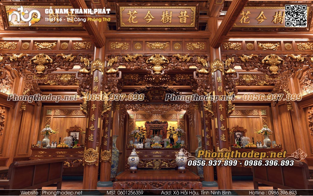 Bố trí nội thất 3 gian thờ nhà gỗ 3 gian lim lào
